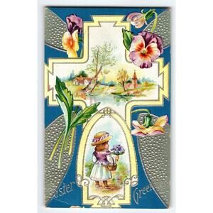 Easter Postcard 1910s Cross Girl Holding Flowers Embossed Greetings 1910 Vintage